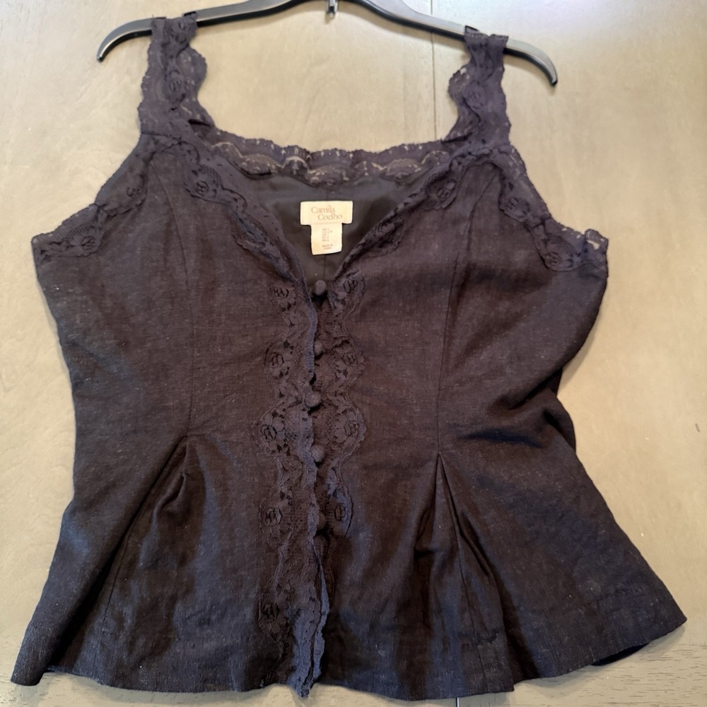 Black Cottagecore Linen Blend Lace Trim Peplum Tank Top Tie Back Romantic Cami L